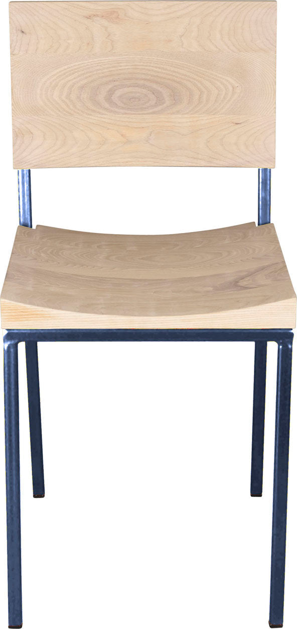 Blue metal chair with whitewash stain ash wood made in UK - front view square frame