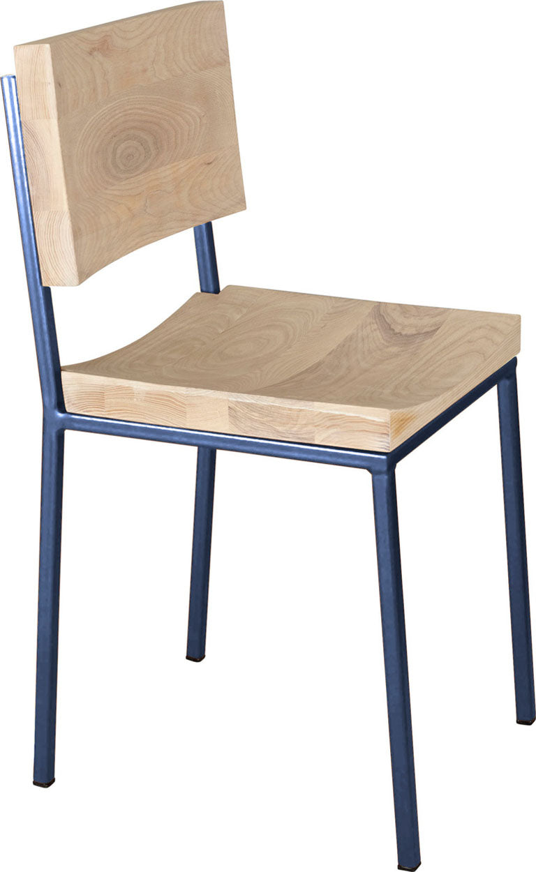 Blue metal chair with whitewash stain ash wood made in UK - angle view square frame
