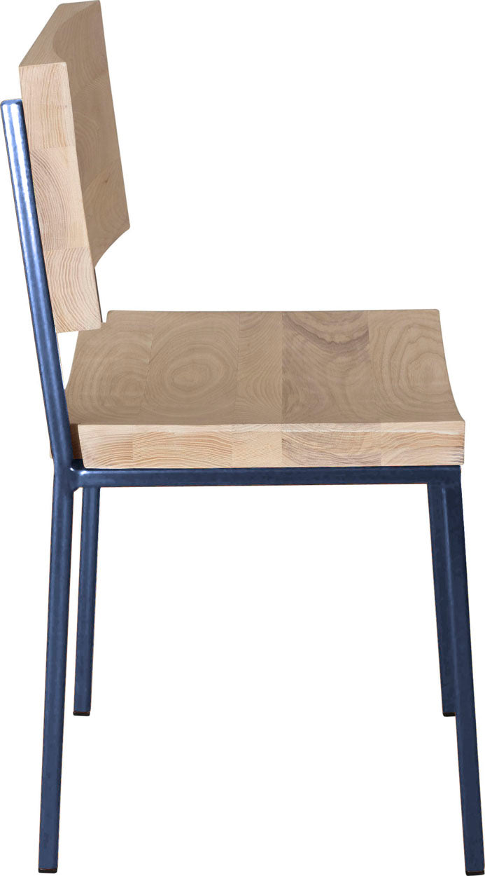 Blue metal chair with whitewash stain ash wood made in UK - side view square frame