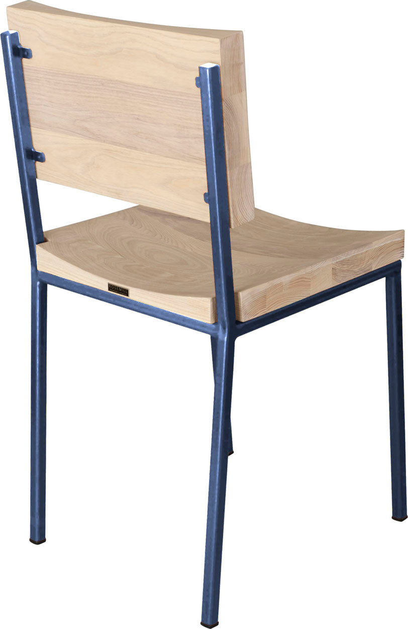 Blue metal chair with whitewash stain ash wood made in UK - back side view square frame