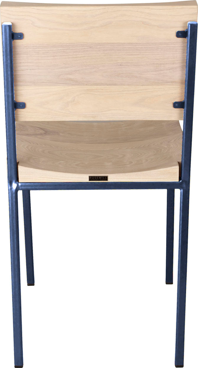 Blue metal chair with whitewash stain ash wood made in UK - back view square frame