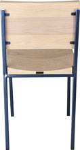 Load image into Gallery viewer, Blue metal chair with whitewash stain ash wood made in UK - back view square frame
