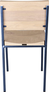 Blue metal chair with whitewash stain ash wood made in UK - back view square frame
