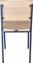 Load image into Gallery viewer, Blue metal chair with whitewash stain ash wood made in UK - back view square frame
