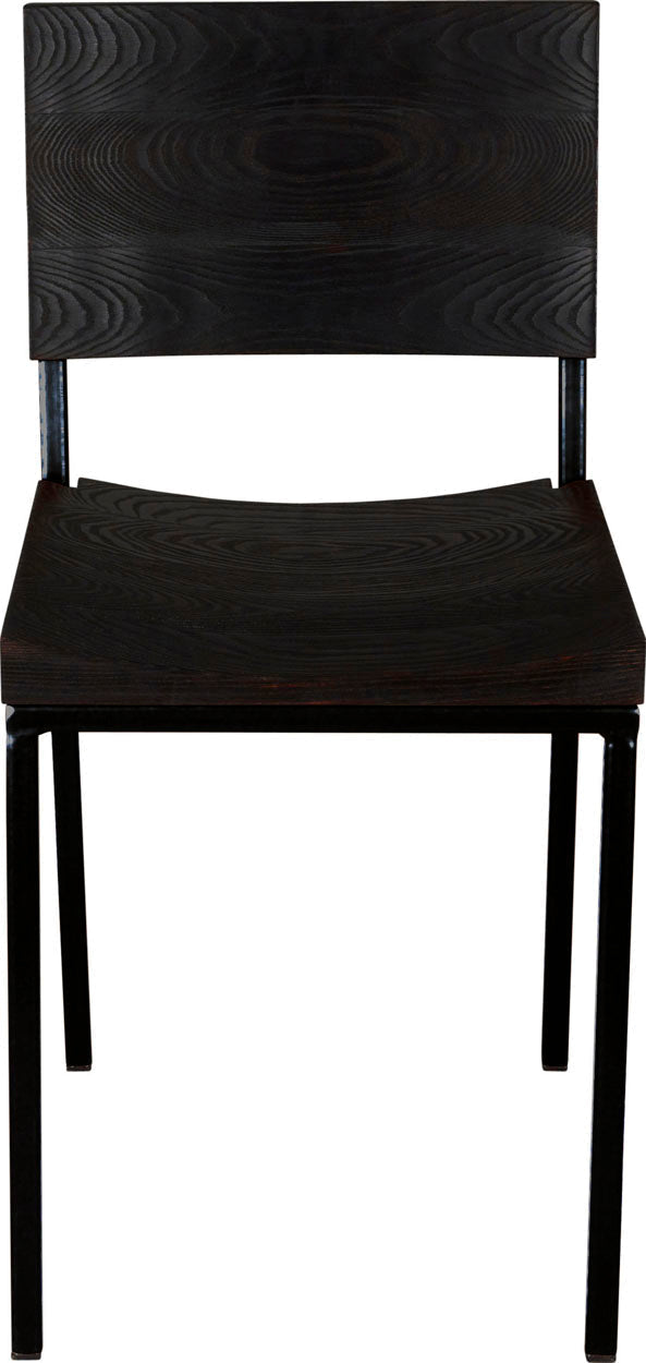 Black metal chair with black stain ash wood made in UK - front view square frame