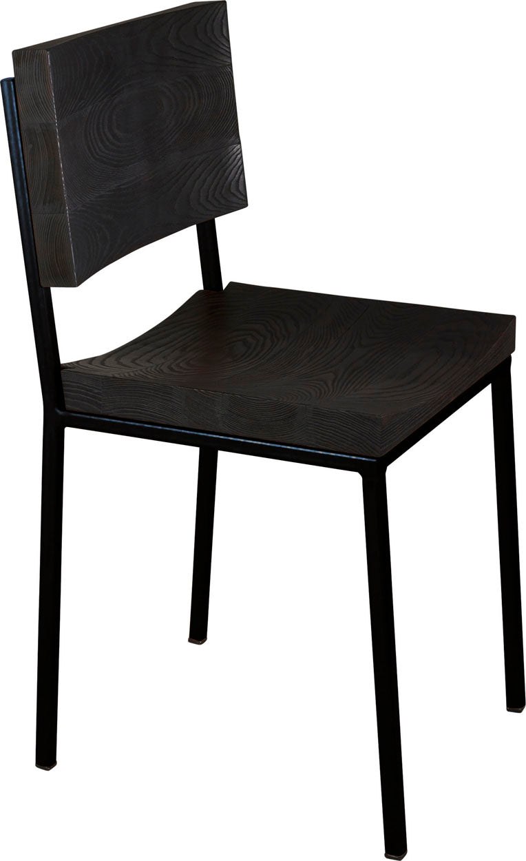 Black metal chair with black stain ash wood made in UK - angle view square frame