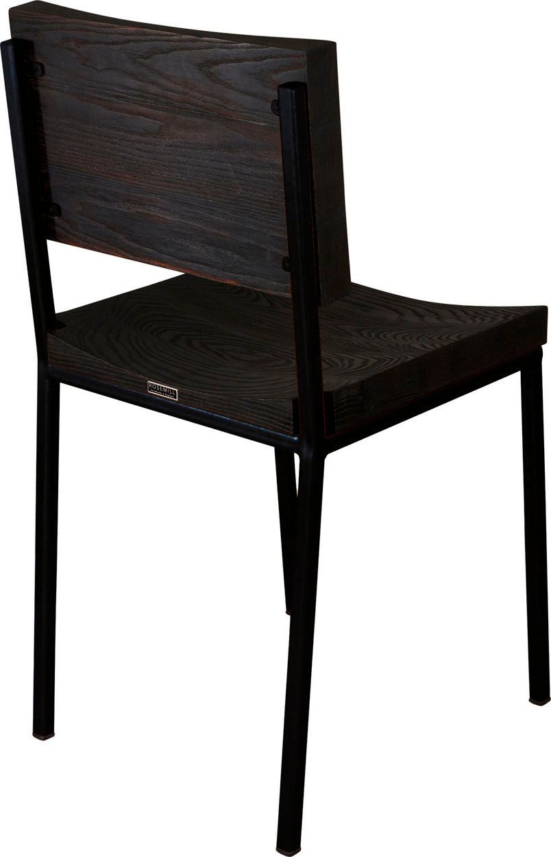 Black metal chair with black stain ash wood made in UK - back side view square frame