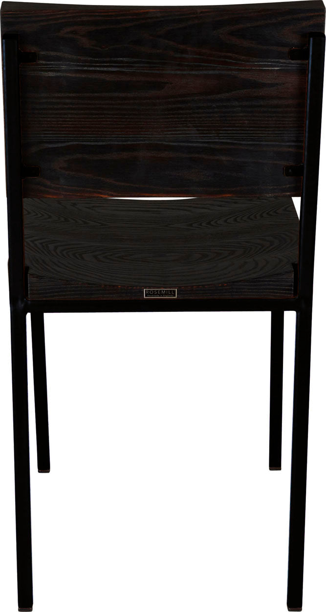 Black metal chair with black stain ash wood made in UK - back view square frame