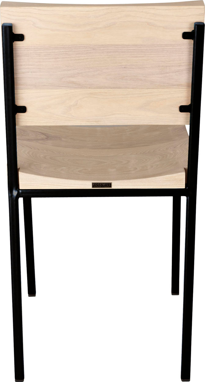 Black metal chair with whitewash stain ash wood made in UK - back view square frame
