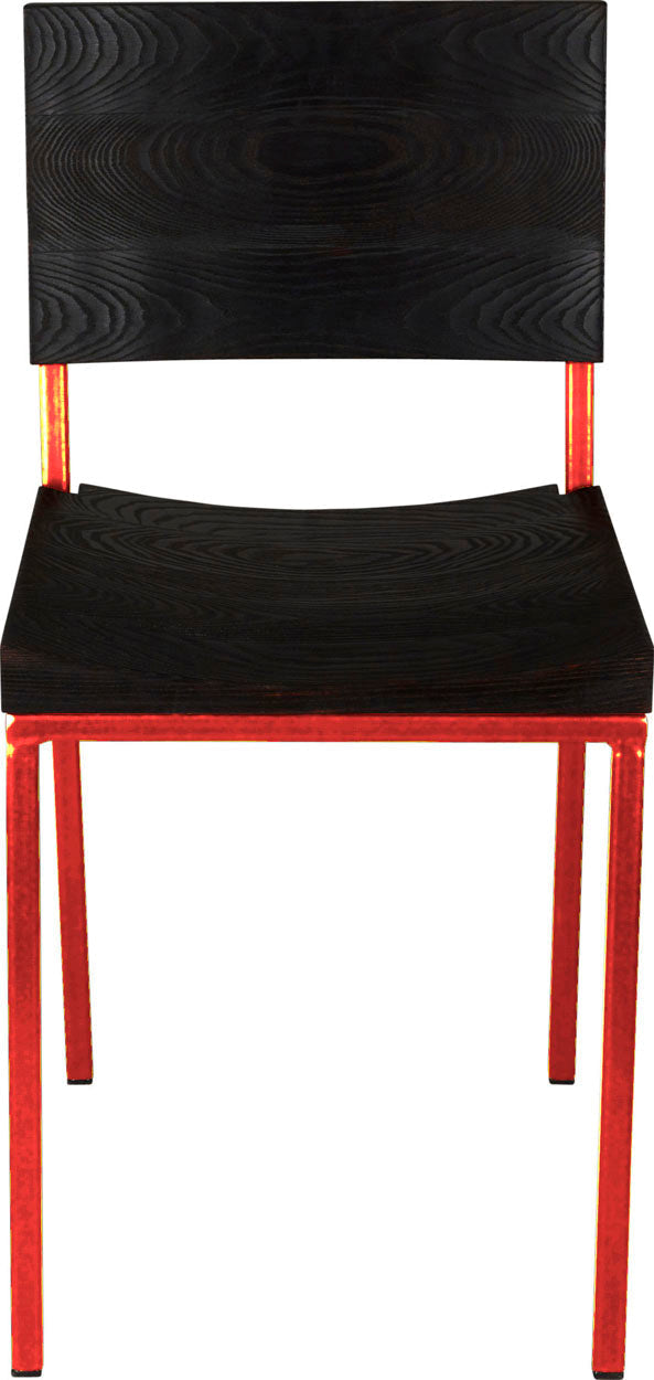 Red metal chair with black stain ash wood made in UK - front view square frame
