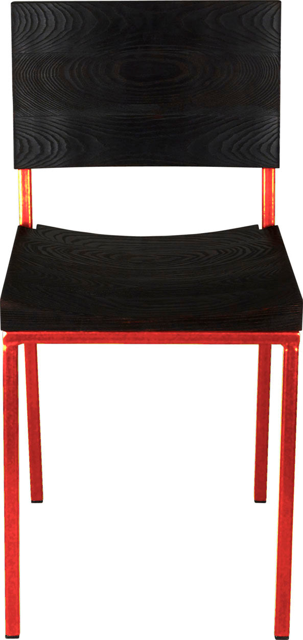 Red metal chair with black stain ash wood made in UK - front view square frame