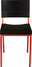 Load image into Gallery viewer, Red metal chair with black stain ash wood made in UK - front view square frame
