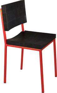 Red metal chair with black stain ash wood made in UK - angle view square frame