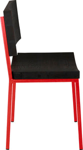 Red metal chair with black stain ash wood made in UK - side view square frame