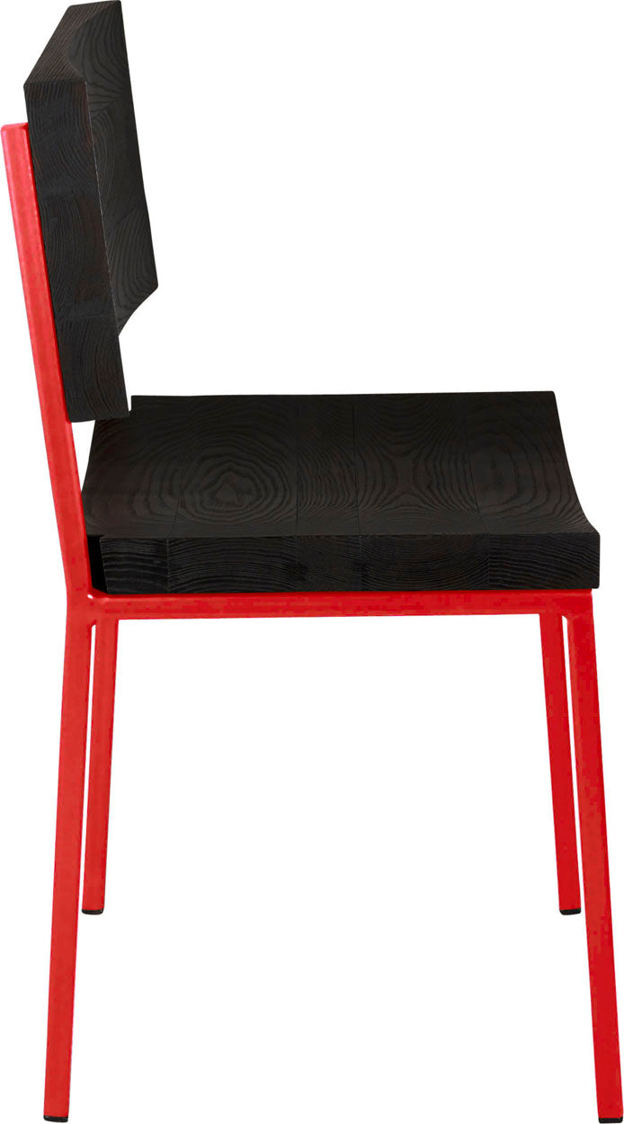 Red metal chair with black stain ash wood made in UK - side view square frame