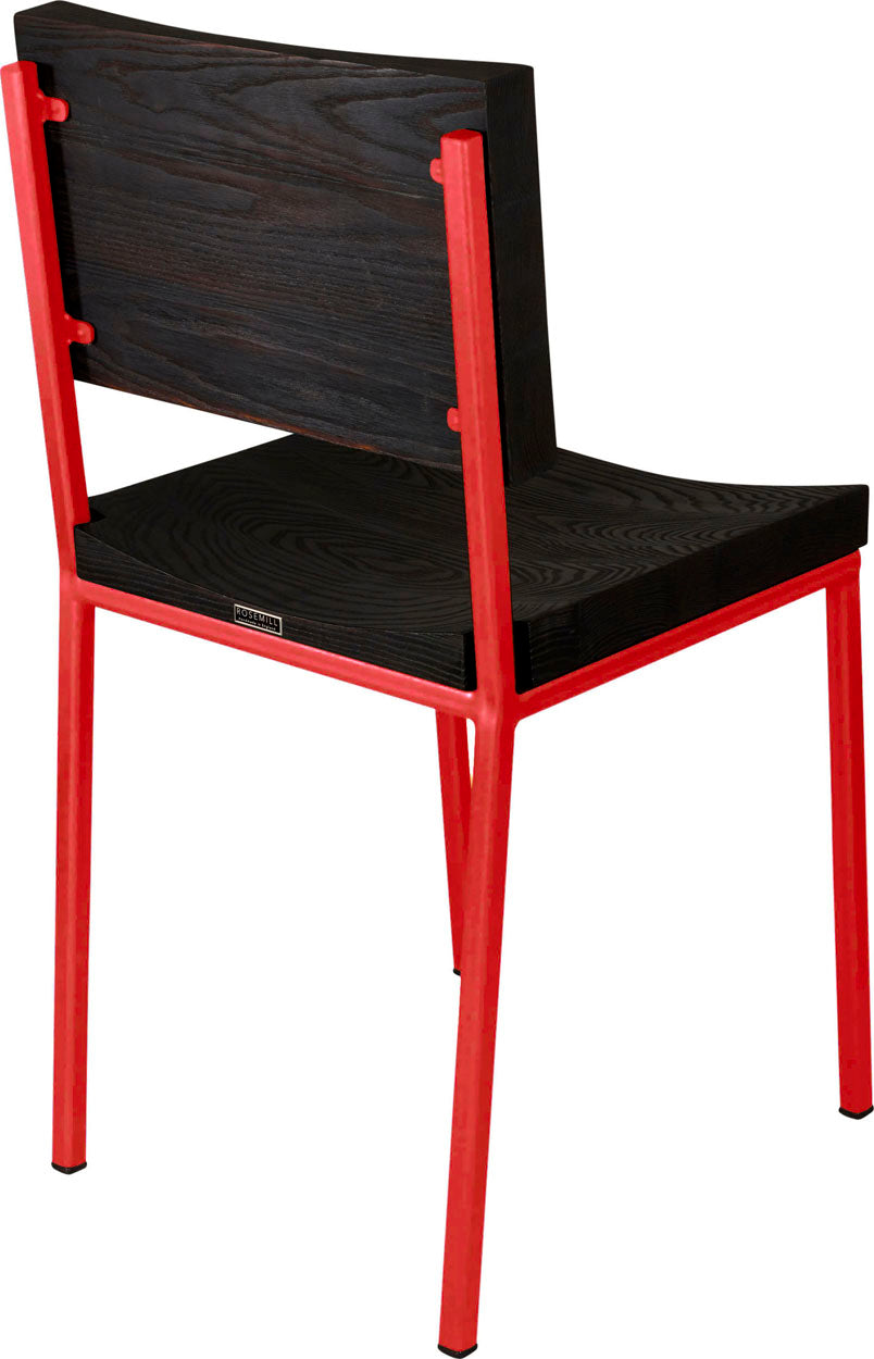 Red metal chair with black stain ash wood made in UK - back side view square frame