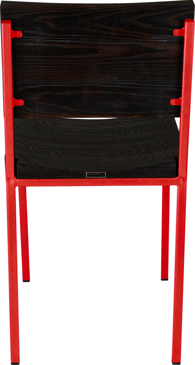 Red metal chair with black stain ash wood made in UK - back view square frame