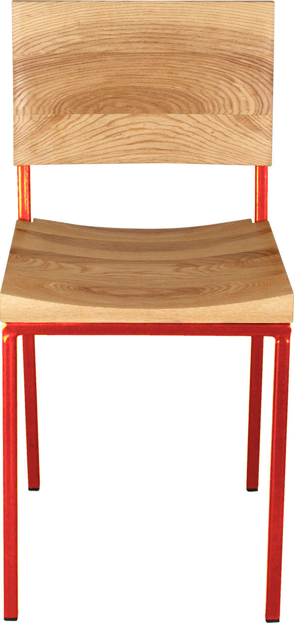 Red metal chair with natural stain ash wood made in UK - front view square frame