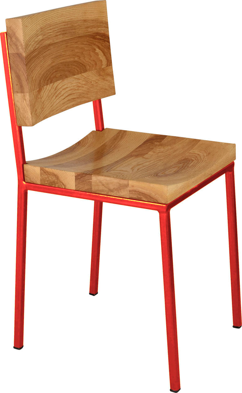 Red metal chair with natural stain ash wood made in UK - angle view square frame