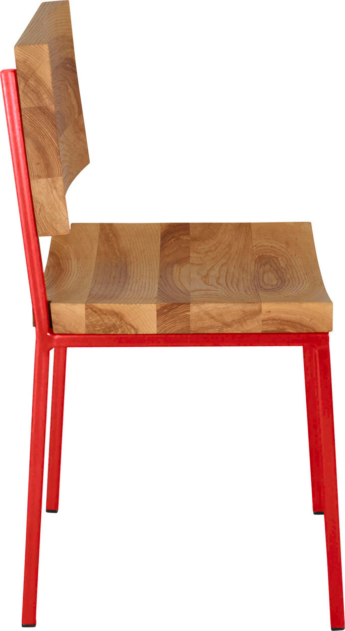 Red metal chair with natural stain ash wood made in UK - side view square frame
