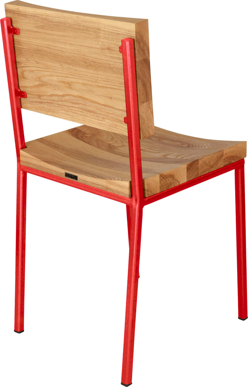 Red metal chair with natural stain ash wood made in UK - back side view square frame