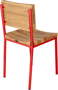 Red metal chair with natural stain ash wood made in UK - back side view square frame