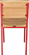 Load image into Gallery viewer, Red metal chair with natural stain ash wood made in UK - back view square frame
