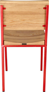 Red metal chair with natural stain ash wood made in UK - back view square frame