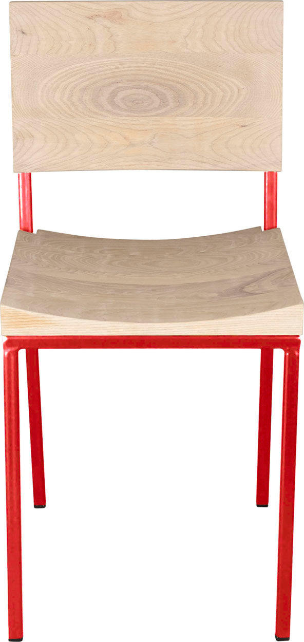 Red metal chair with whitewash stain ash wood made in UK - front view square frame