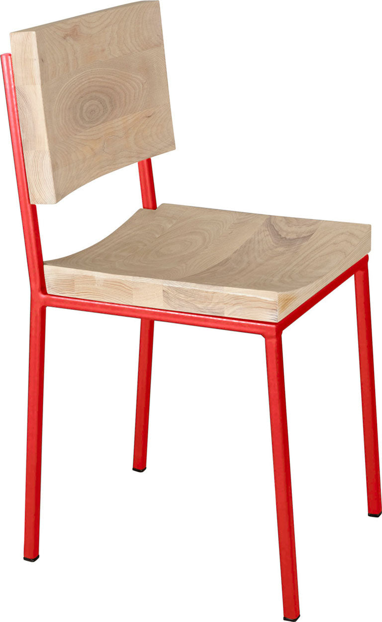 Red metal chair with whitewash stain ash wood made in UK - angle view square frame