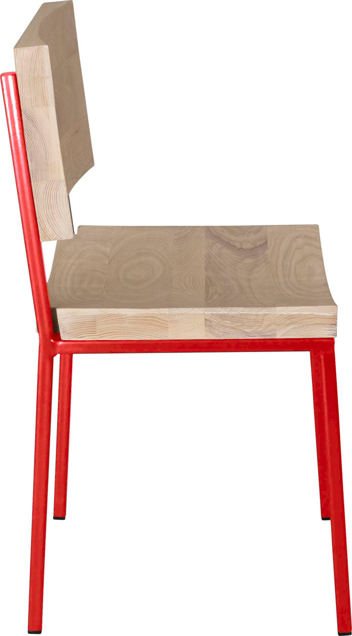 Red metal chair with whitewash stain ash wood made in UK - side view square frame