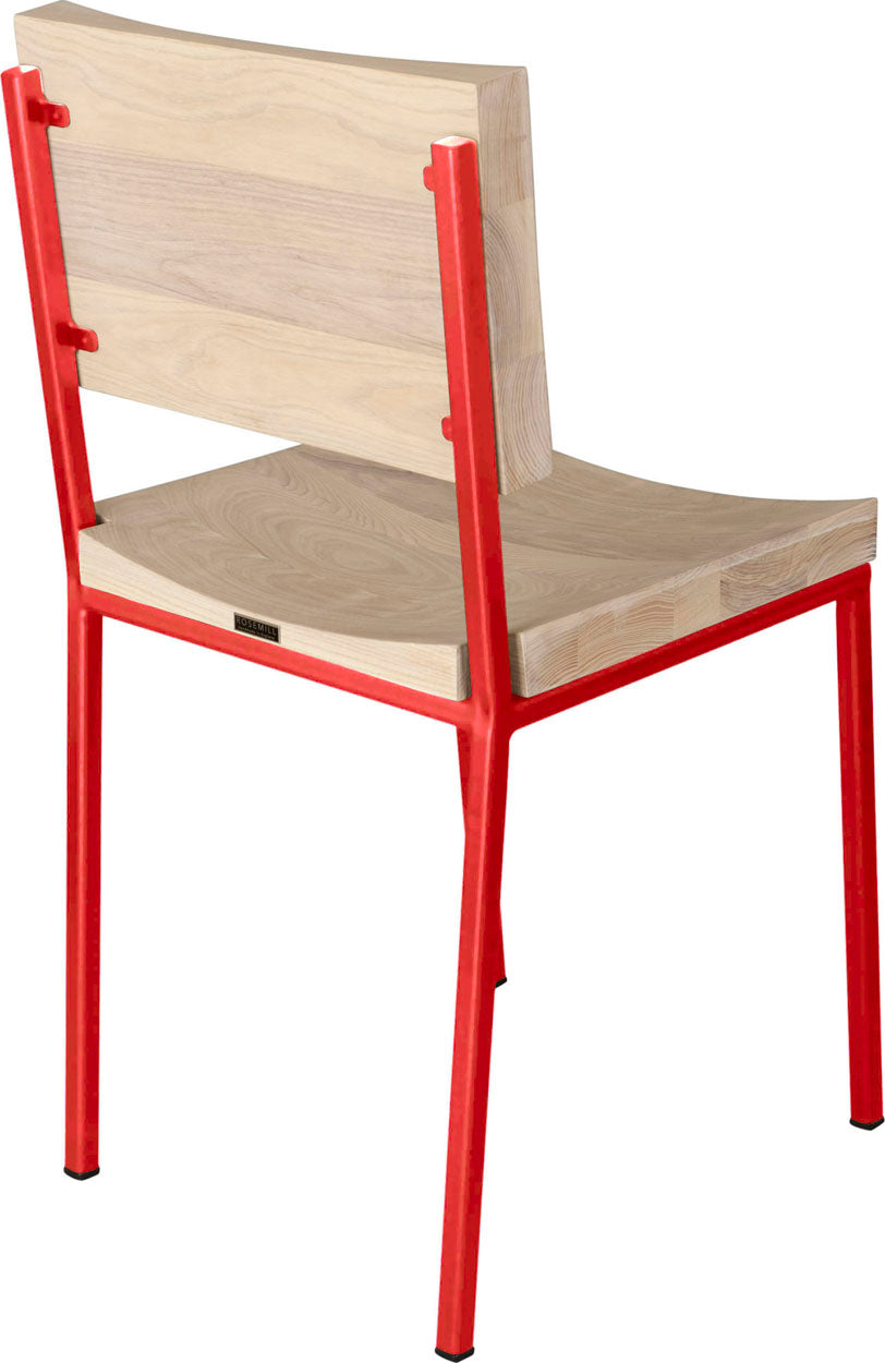 Red metal chair with whitewash stain ash wood made in UK - back side view square frame