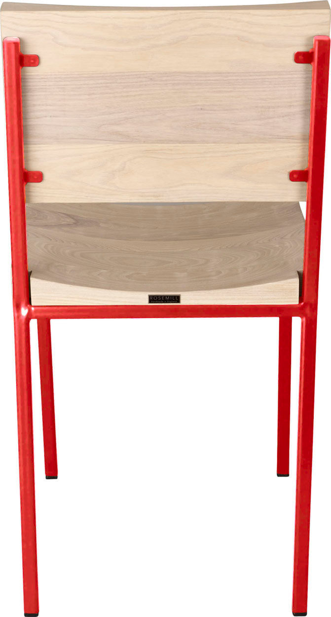 Red metal chair with whitewash stain ash wood made in UK - back view square frame