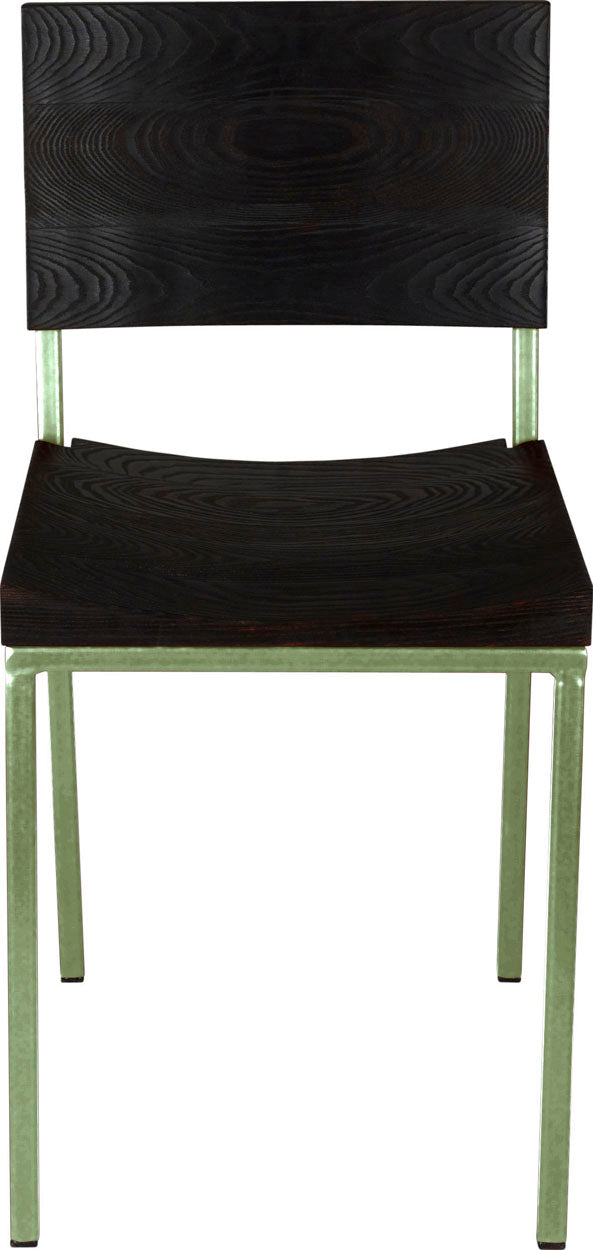 Sage green metal chair with black stain ash wood made in UK - front view square frame