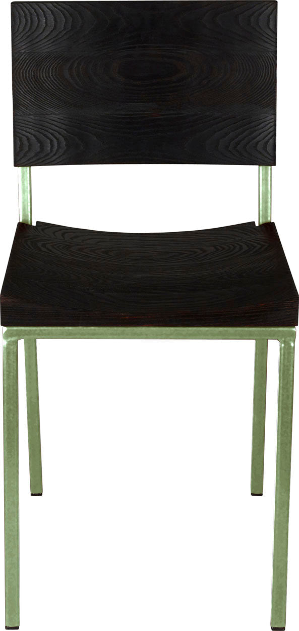 Sage green metal chair with black stain ash wood made in UK - front view square frame