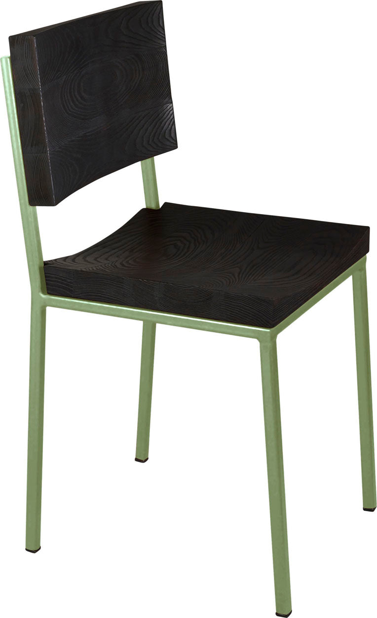 Sage green metal chair with black stain ash wood made in UK - angle view square frame