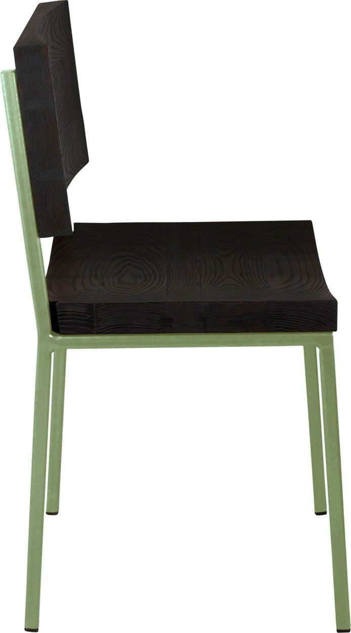 Sage green metal chair with black stain ash wood made in UK - side view square frame