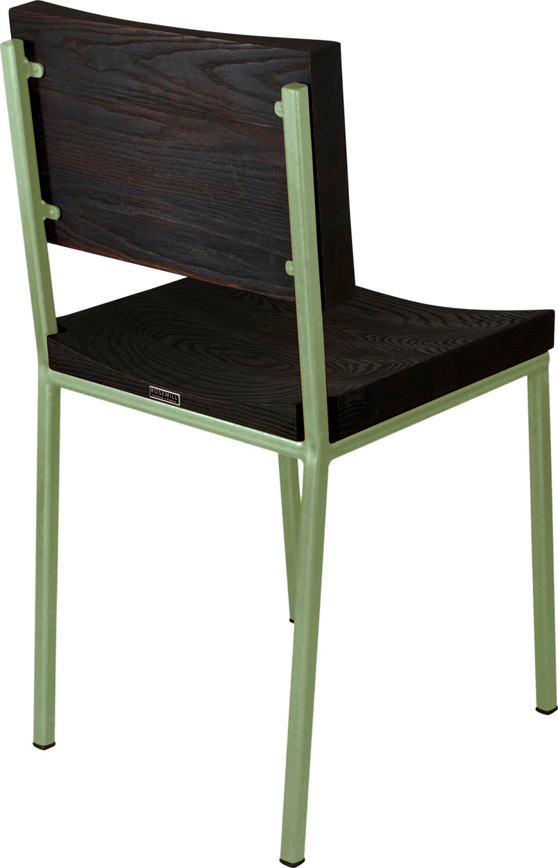 Sage green metal chair with black stain ash wood made in UK - back side view square frame