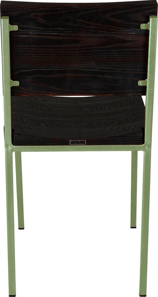 Sage green metal chair with black stain ash wood made in UK - back view square frame