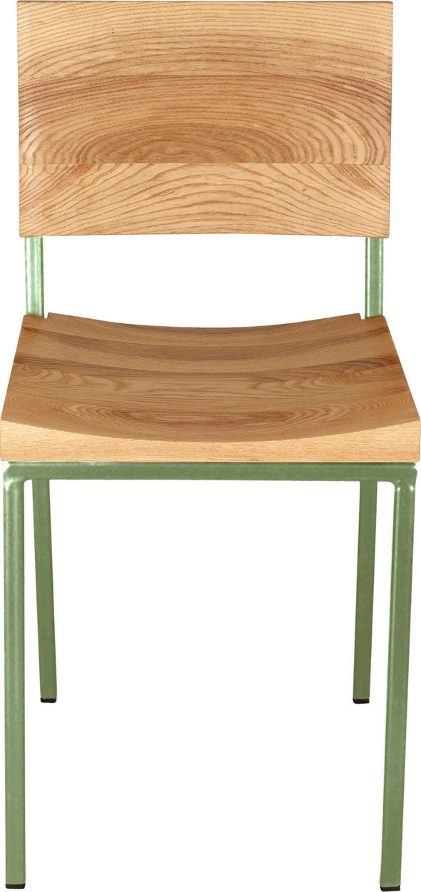 Sage green metal chair with natural stain ash wood made in UK - front view square frame