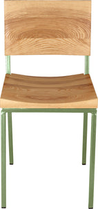 Sage green metal chair with natural stain ash wood made in UK - front view square frame