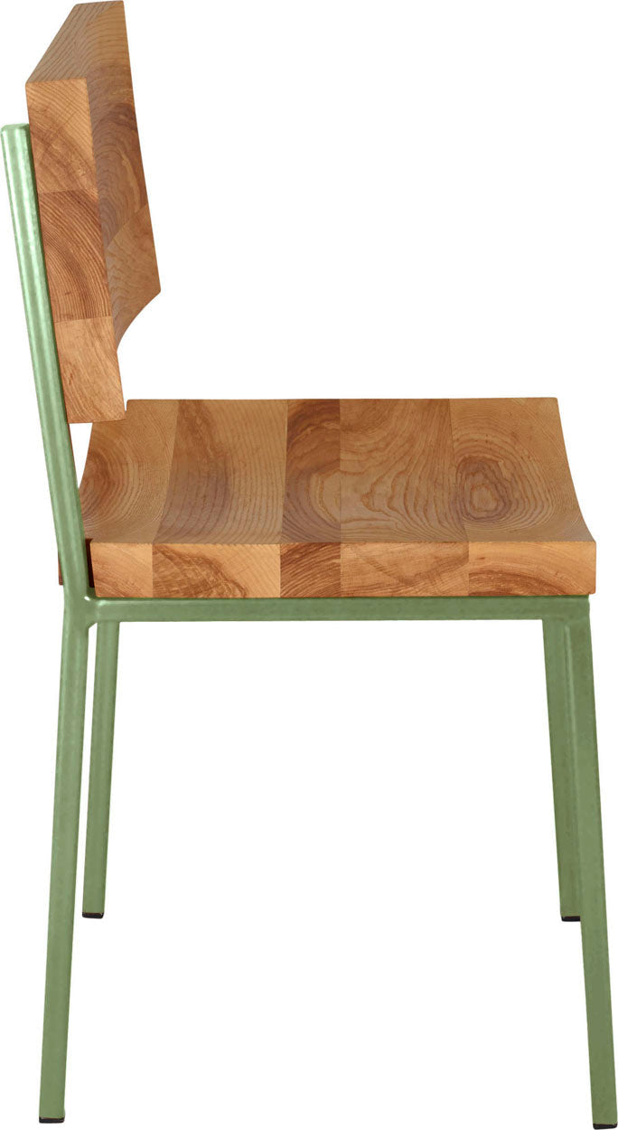 Sage green metal chair with natural stain ash wood made in UK - side view square frame