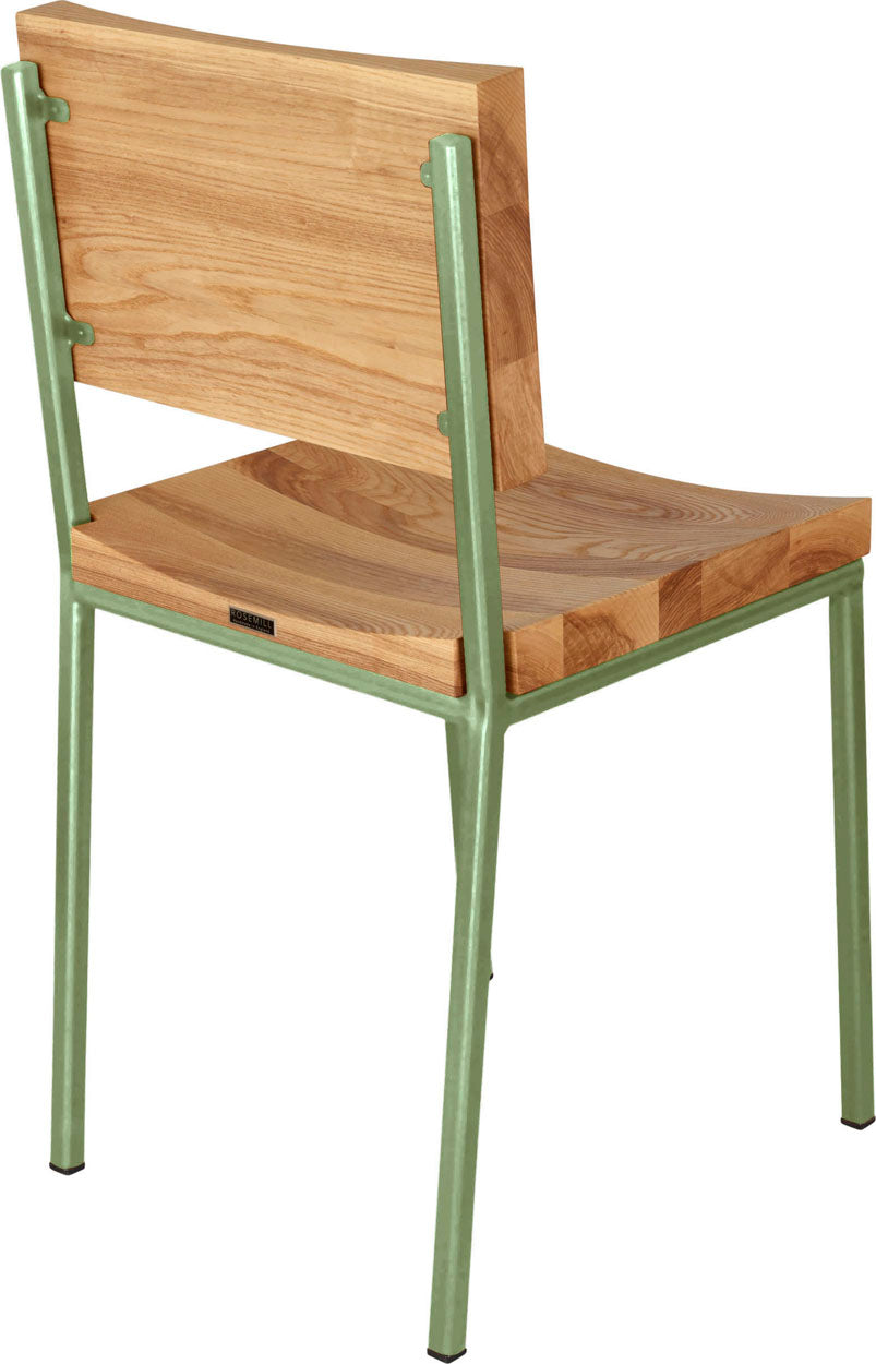 Sage green metal chair with natural stain ash wood made in UK - back side view square frame