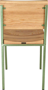 Sage green metal chair with natural stain ash wood made in UK - back view square frame