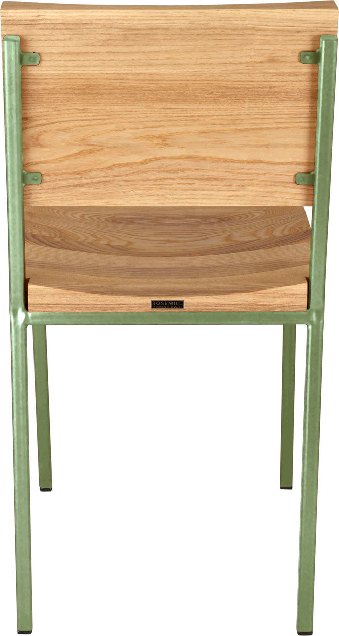 Sage green metal chair with natural stain ash wood made in UK - back view square frame