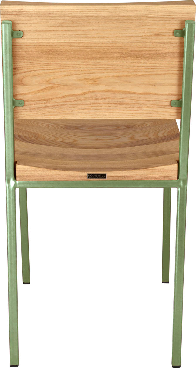Sage green metal chair with natural stain ash wood made in UK - back view square frame