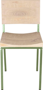 Sage green metal chair with whitewash stain ash wood made in UK - front view square frame