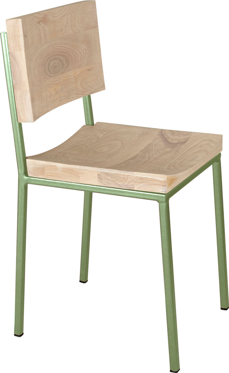 Sage green metal chair with whitewash stain ash wood made in UK - angle view square frame