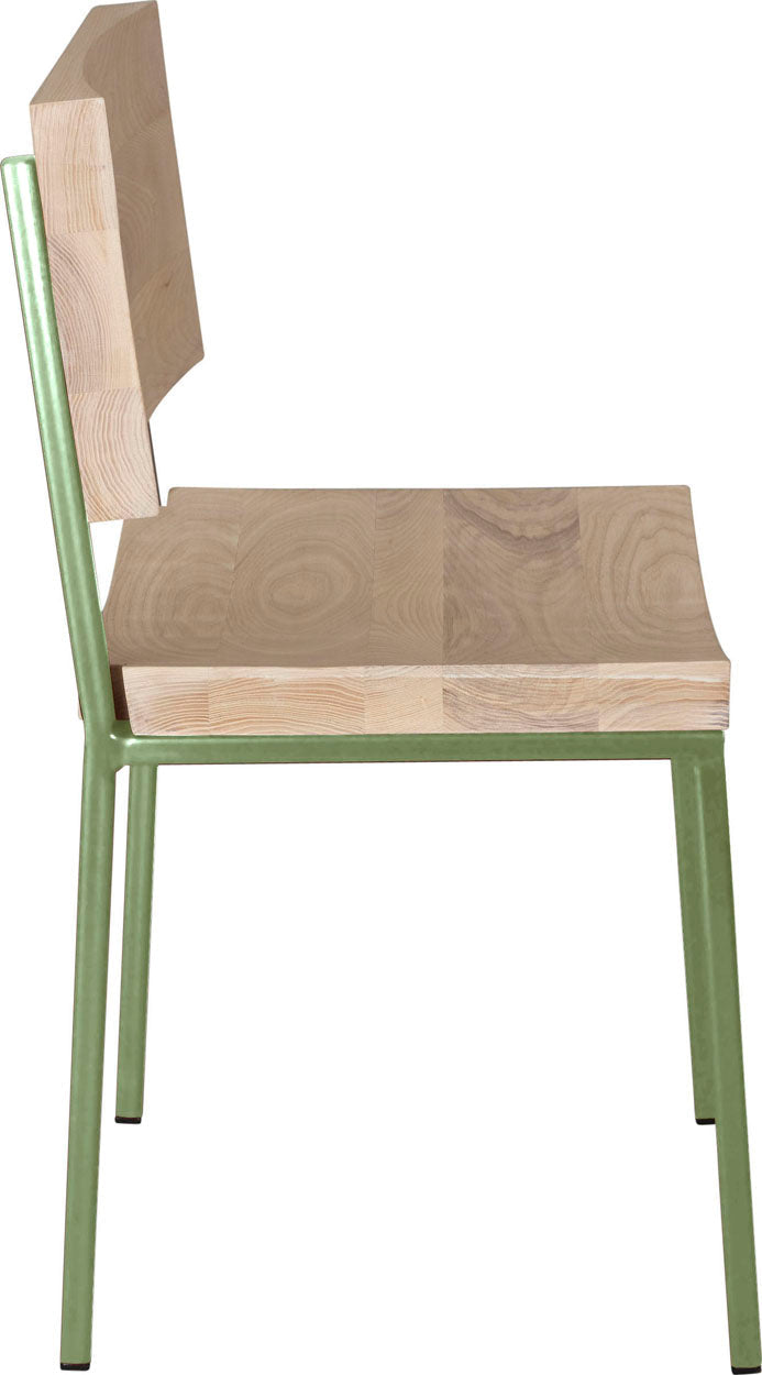 Sage green metal chair with whitewash stain ash wood made in UK - side view square frame
