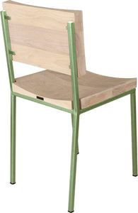 Sage green metal chair with whitewash stain ash wood made in UK - back side view square frame